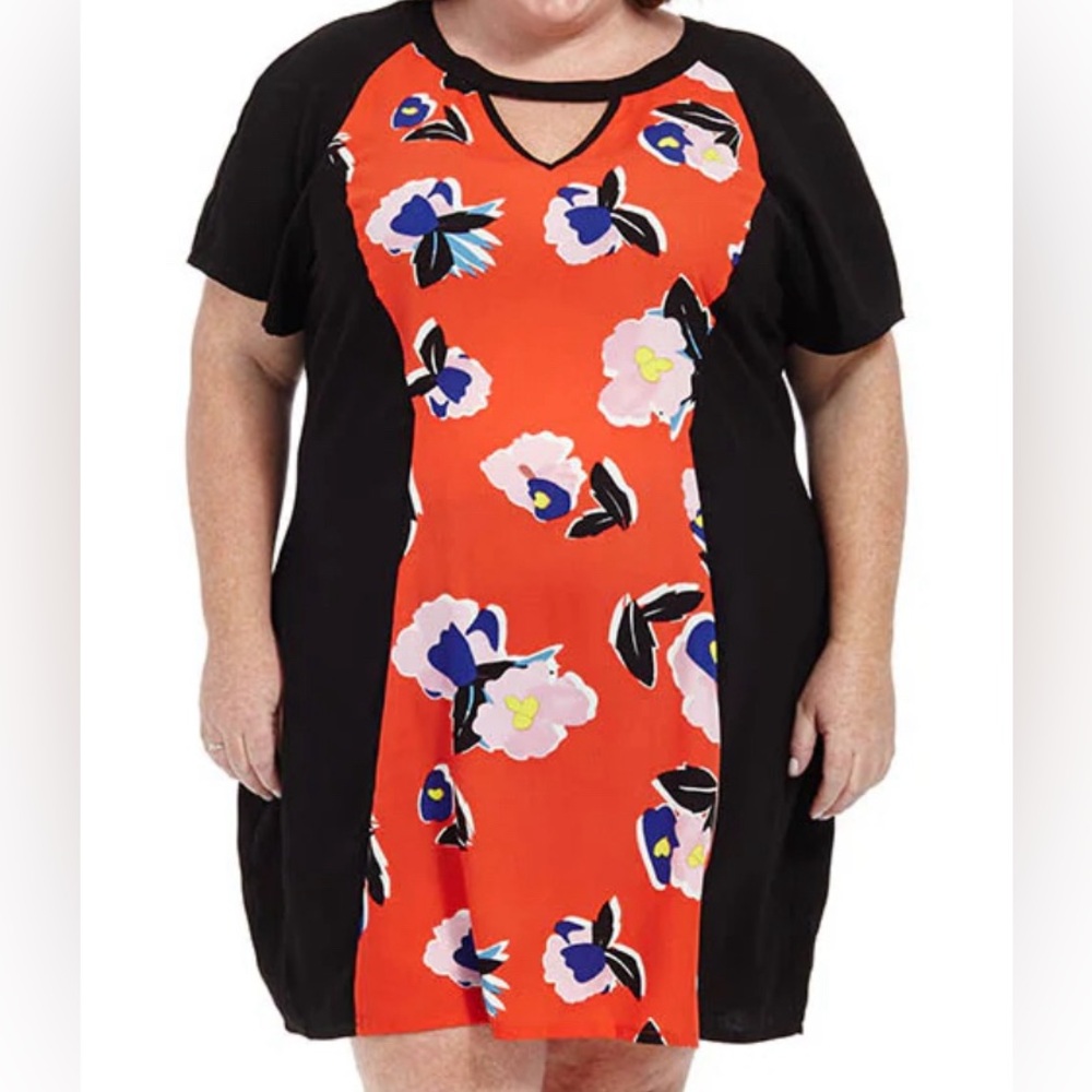 City Chic Dress Black Floral Curvy Sheath V‎ Neck Keyhole Mini Plus Size XXL